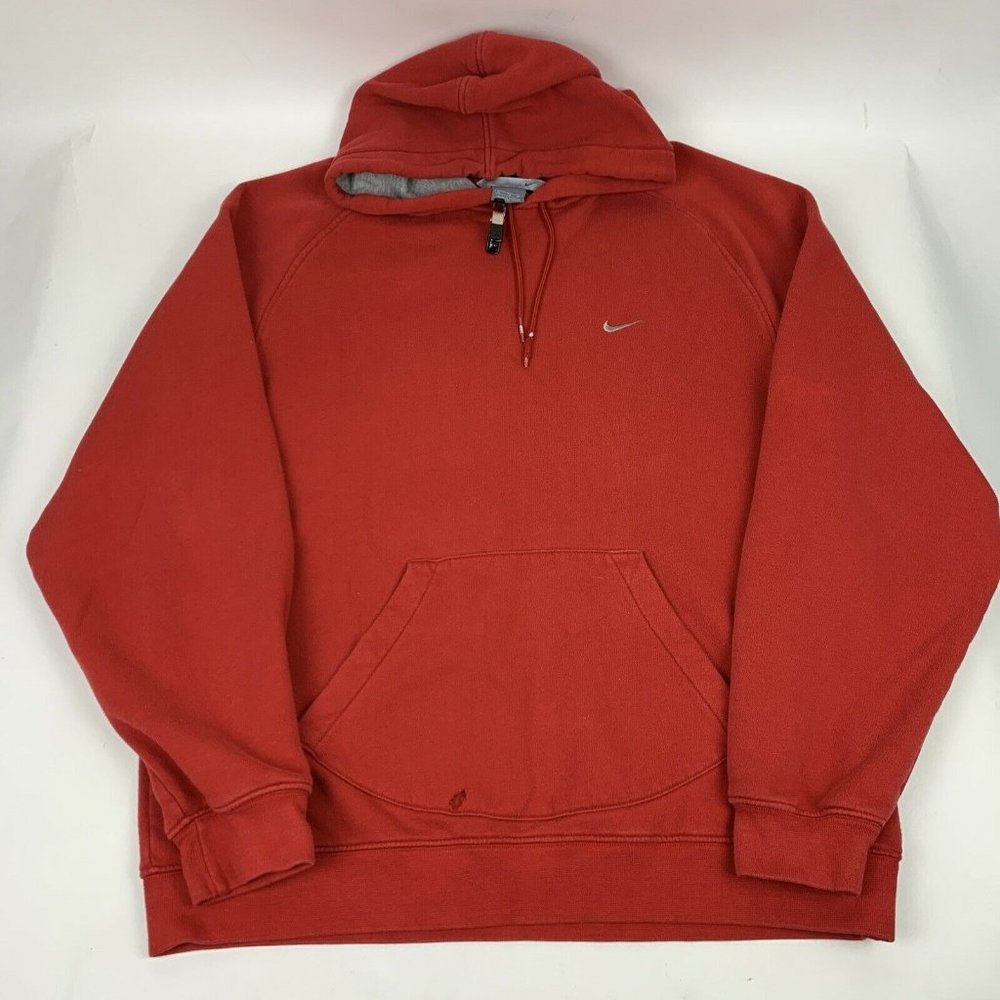 Vintage Mens Red Nike Mini Swoosh Hoodie Sweatshirt XL Y2K Essential Pullover